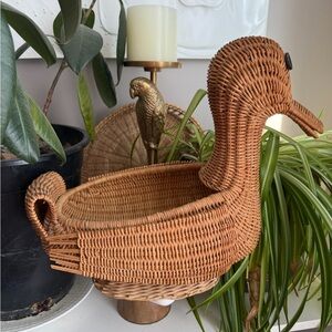 Rare Vintage Wicker Duck Basket - Spring-Mounted Wood Eyes